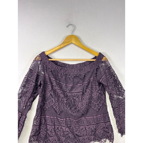 APT 9 Purple Lace Off Shoulder Long Sleeve Bell Sleeve Top Blouse Womens M - Picture 5 of 9